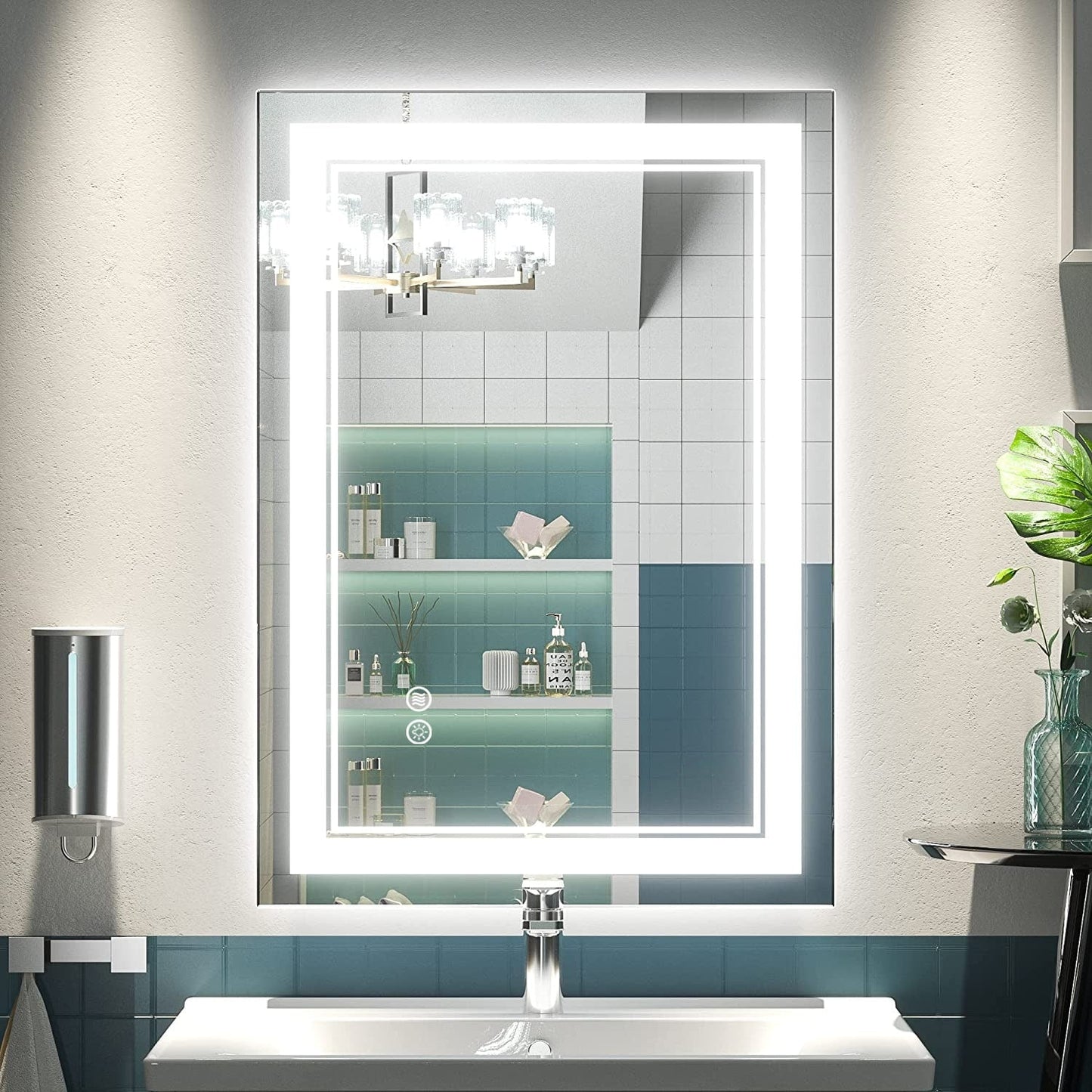 Specchio da bagno a parete in vetro temperato antiappannamento con illuminazione a LED anteriore e posteriore di dimensioni standard