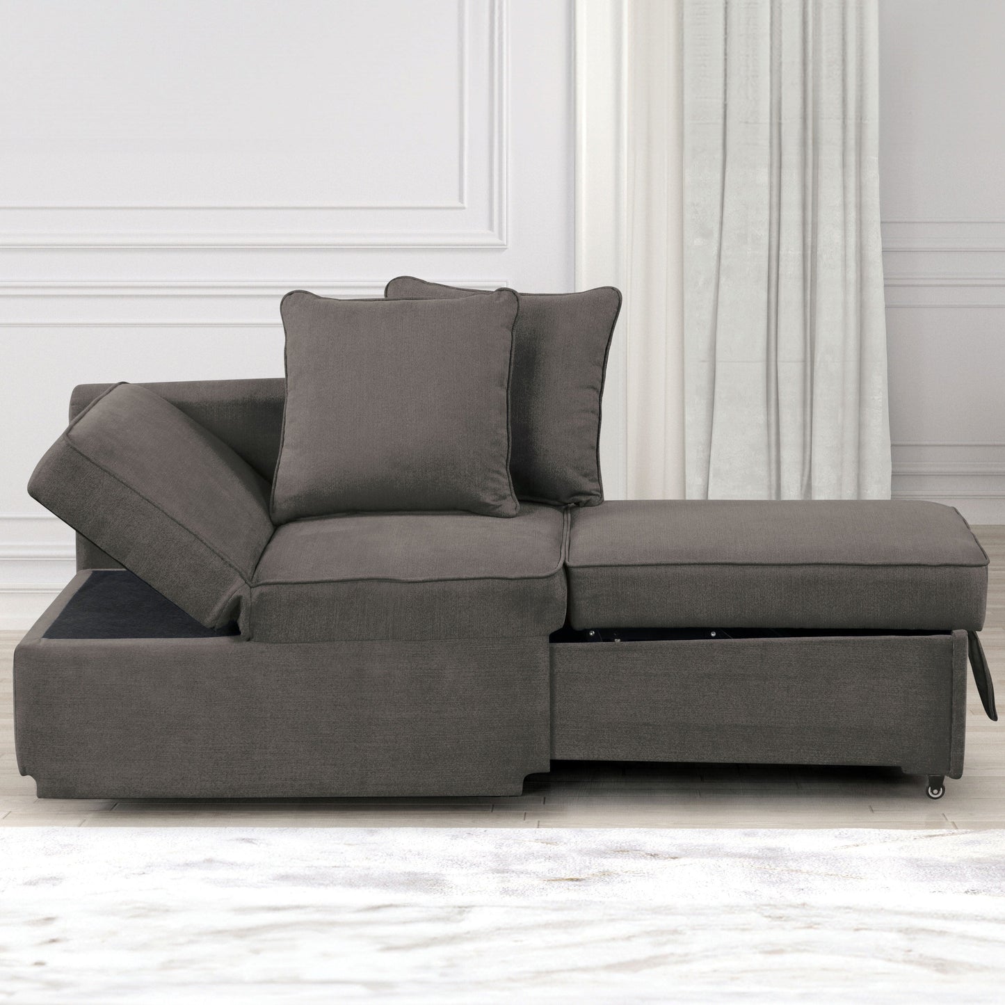 Divano moderno trasformabile Araminta di Furniture of America con letto estraibile e cuscini