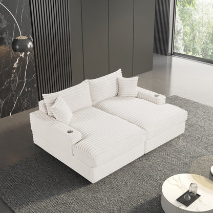 Divano moderno imbottito in ciniglia Dumana di Furniture of America, con chaise longue oversize, caricabatterie USB e portabicchieri