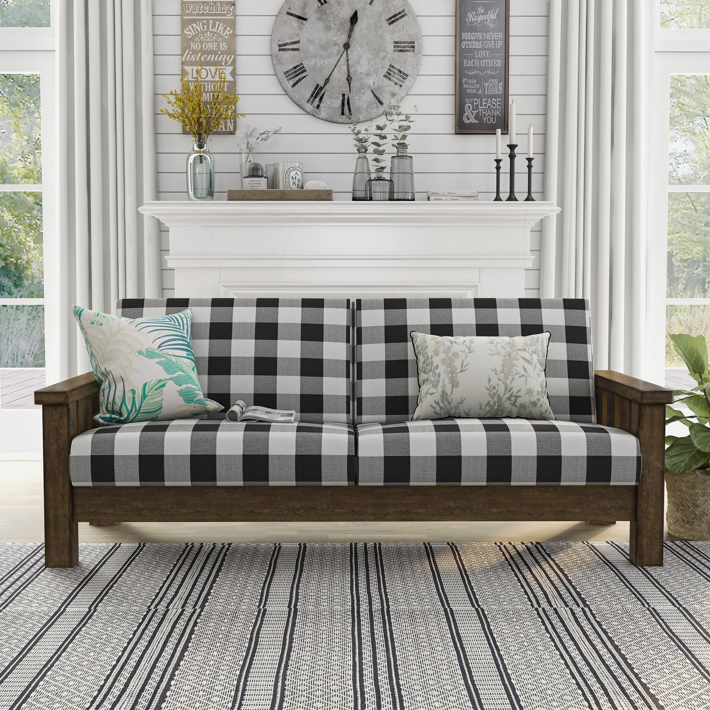 Divano Jimo Farmhouse in rovere rustico con braccioli in legno e rivestimento in tessuto di Furniture of America