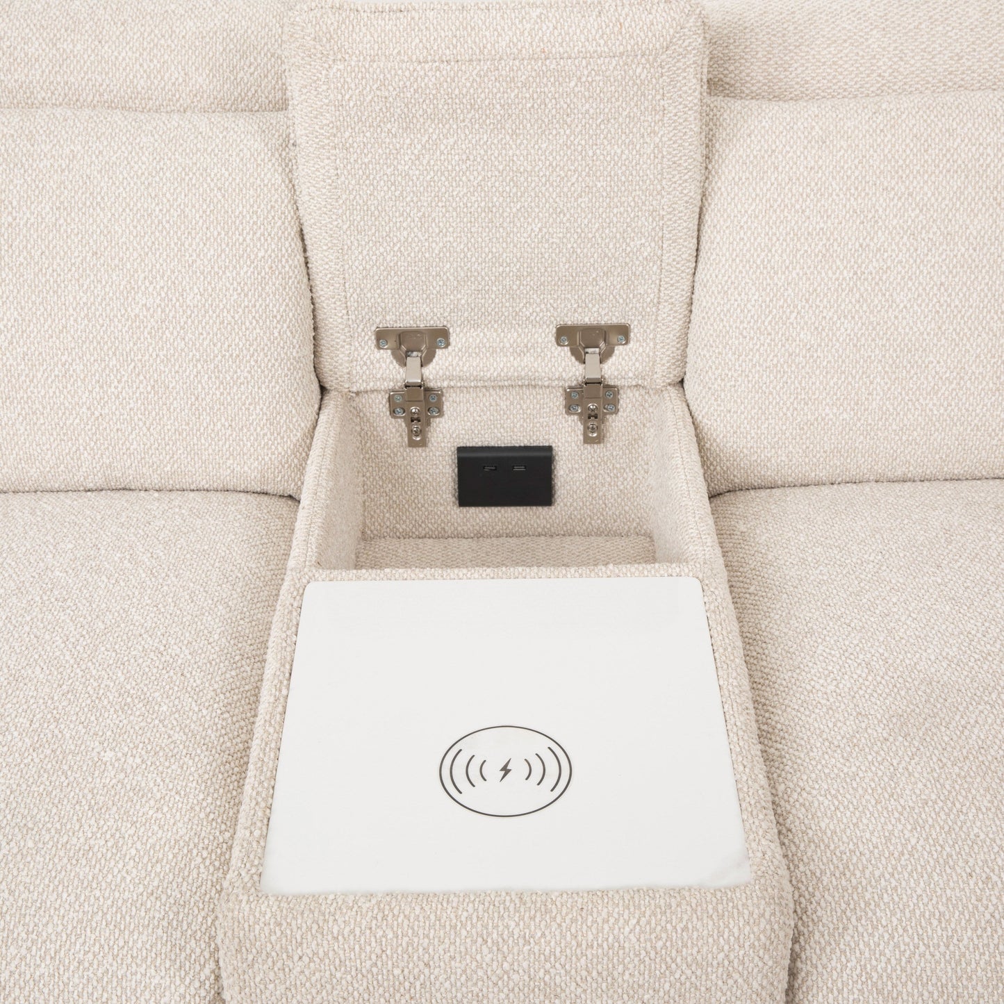 Divano componibile reclinabile moderno beige Lirsa di Furniture of America con cassetto nascosto e caricabatterie wireless