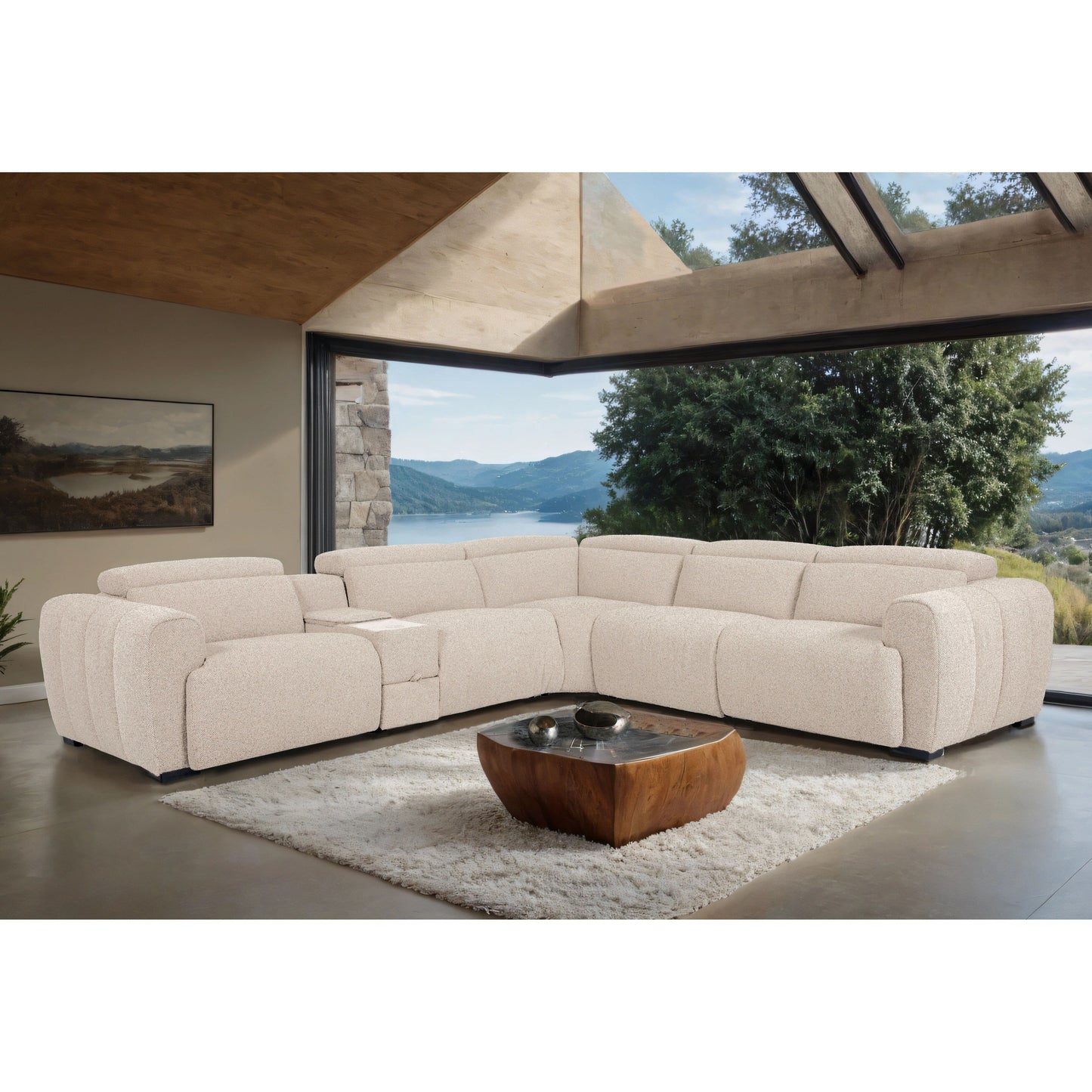 Divano componibile reclinabile moderno beige Lirsa di Furniture of America con cassetto nascosto e caricabatterie wireless