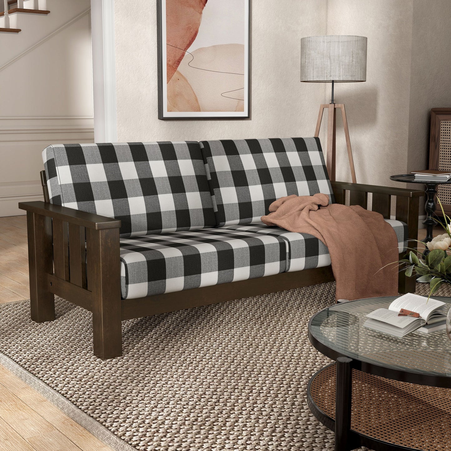 Divano in tessuto con motivo a quadri in legno rustico Milou di Furniture of America