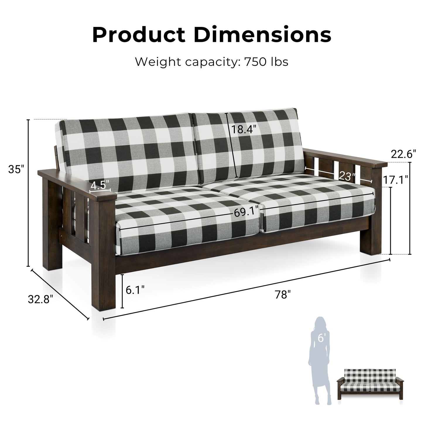 Divano in tessuto con motivo a quadri in legno rustico Milou di Furniture of America