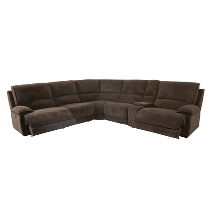 Divano componibile reclinabile moderno Renic di Furniture of America, marrone scuro, con consolle e porte USB