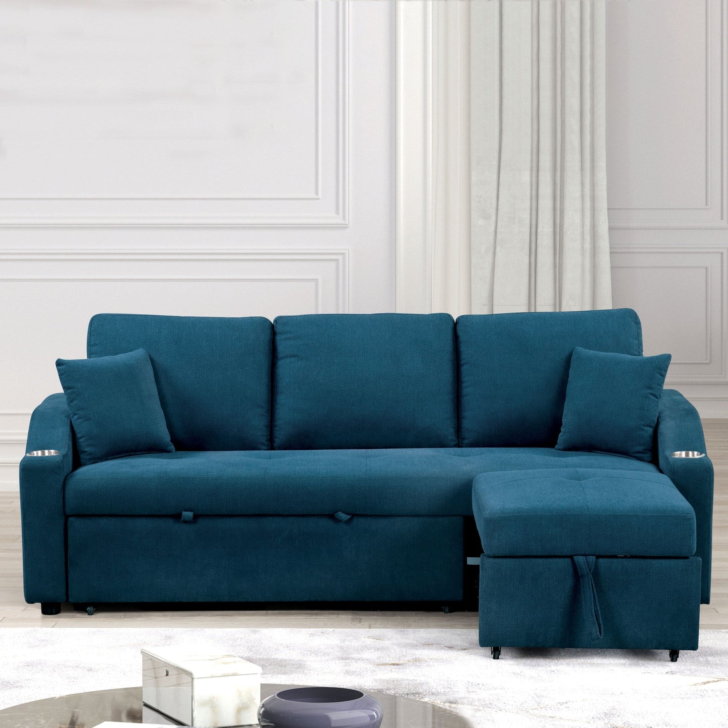 Divano letto componibile moderno trapuntato e salvaspazio Scarlett di Furniture of America con portabicchieri