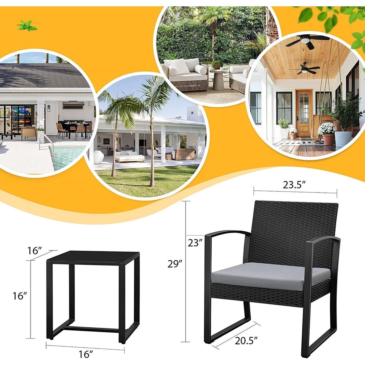 Furniwell - Set da 3 sedie da conversazione per patio con tavolino da caffè