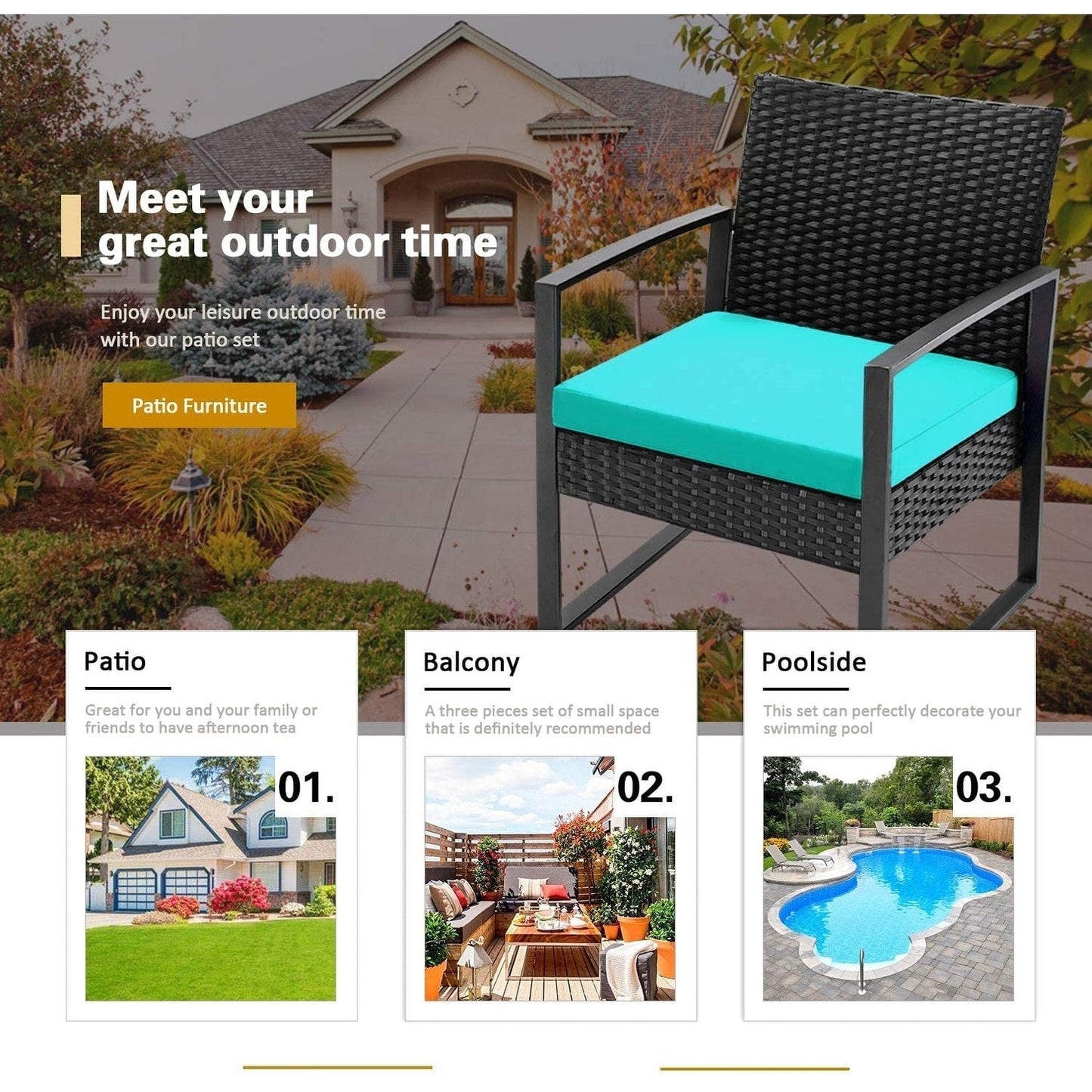 Furniwell - Set da 3 sedie da conversazione per patio con tavolino da caffè