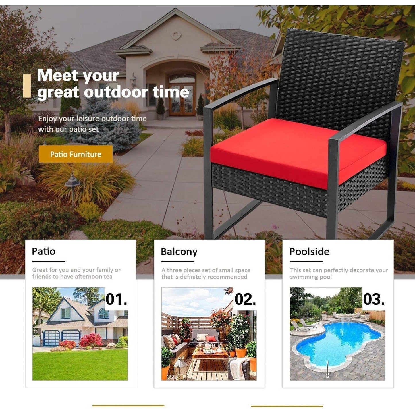 Furniwell - Set da 3 sedie da conversazione per patio con tavolino da caffè