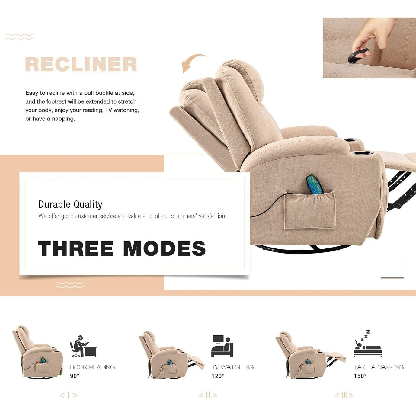 Poltrona reclinabile Furniwell con funzione di massaggio rotante e riscaldamento, tessuto Whirlpool