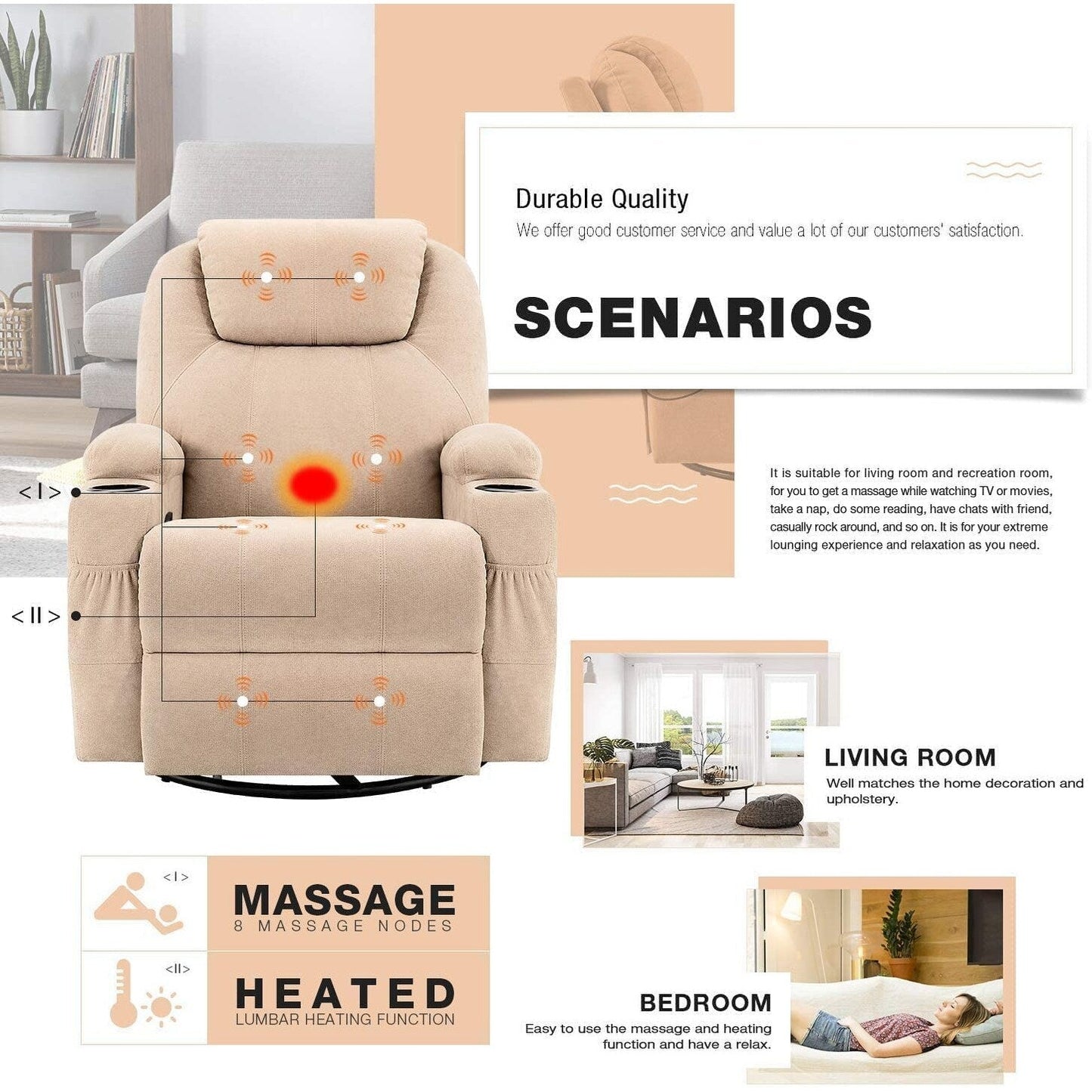 Poltrona reclinabile Furniwell con funzione di massaggio rotante e riscaldamento, tessuto Whirlpool