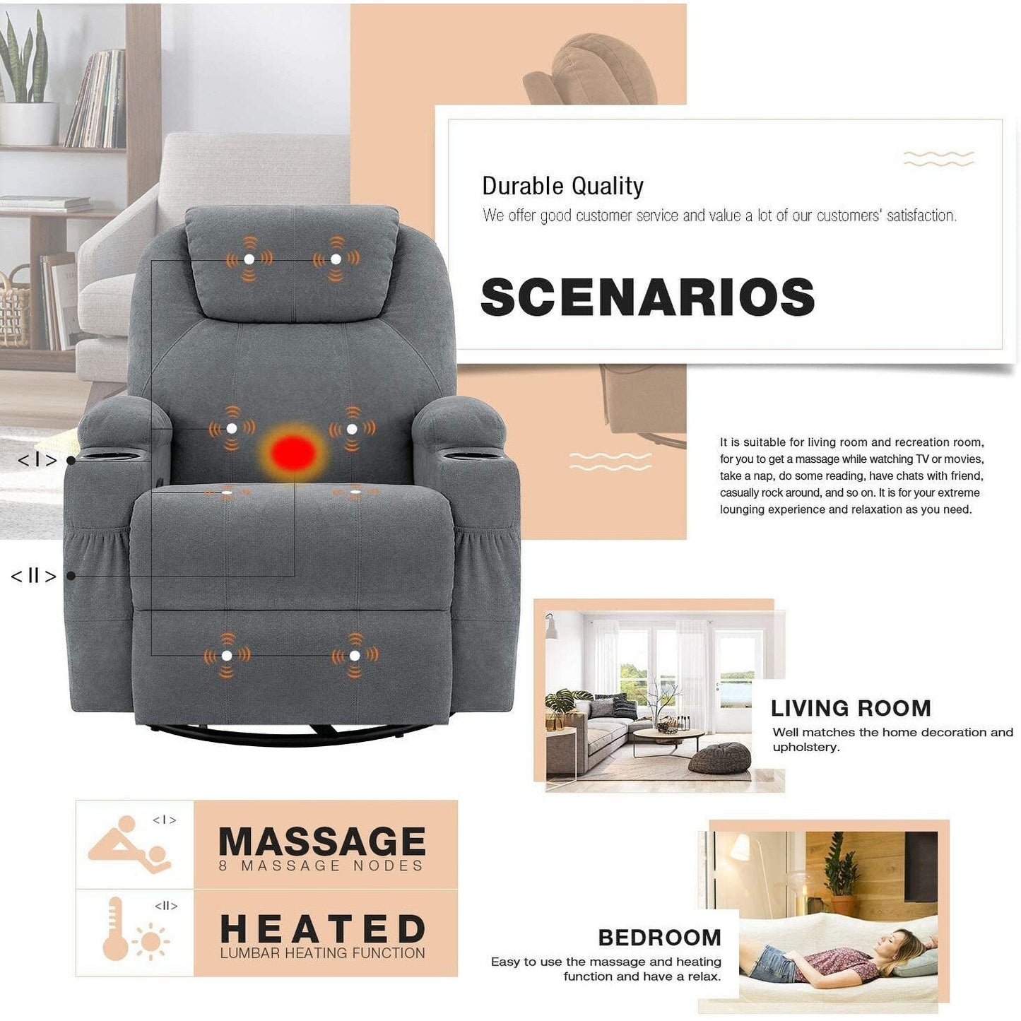 Poltrona reclinabile Furniwell con funzione di massaggio rotante e riscaldamento, tessuto Whirlpool