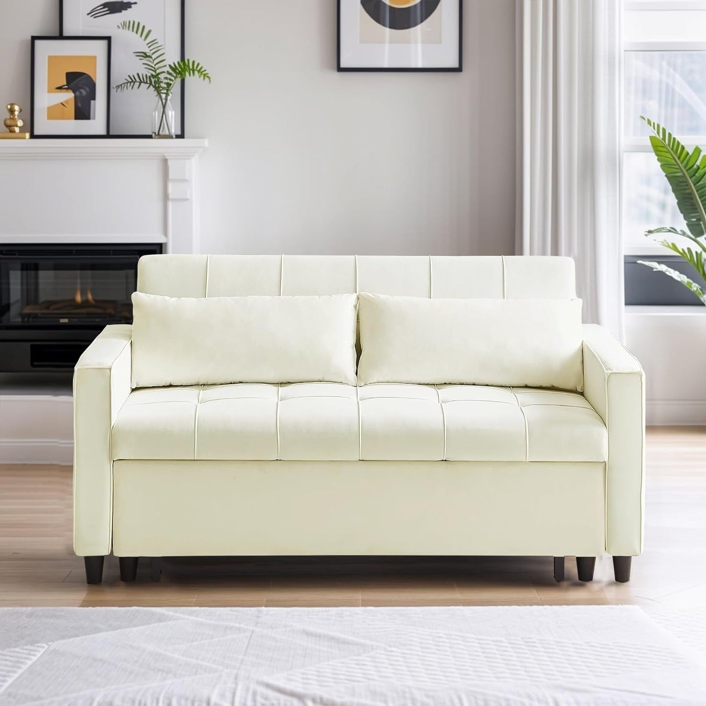 Divano trasformabile in velluto da 55 pollici, divano futon 3 in 1 con letto estraibile/tavolino laterale con schienale regolabile/2 cuscini lombari