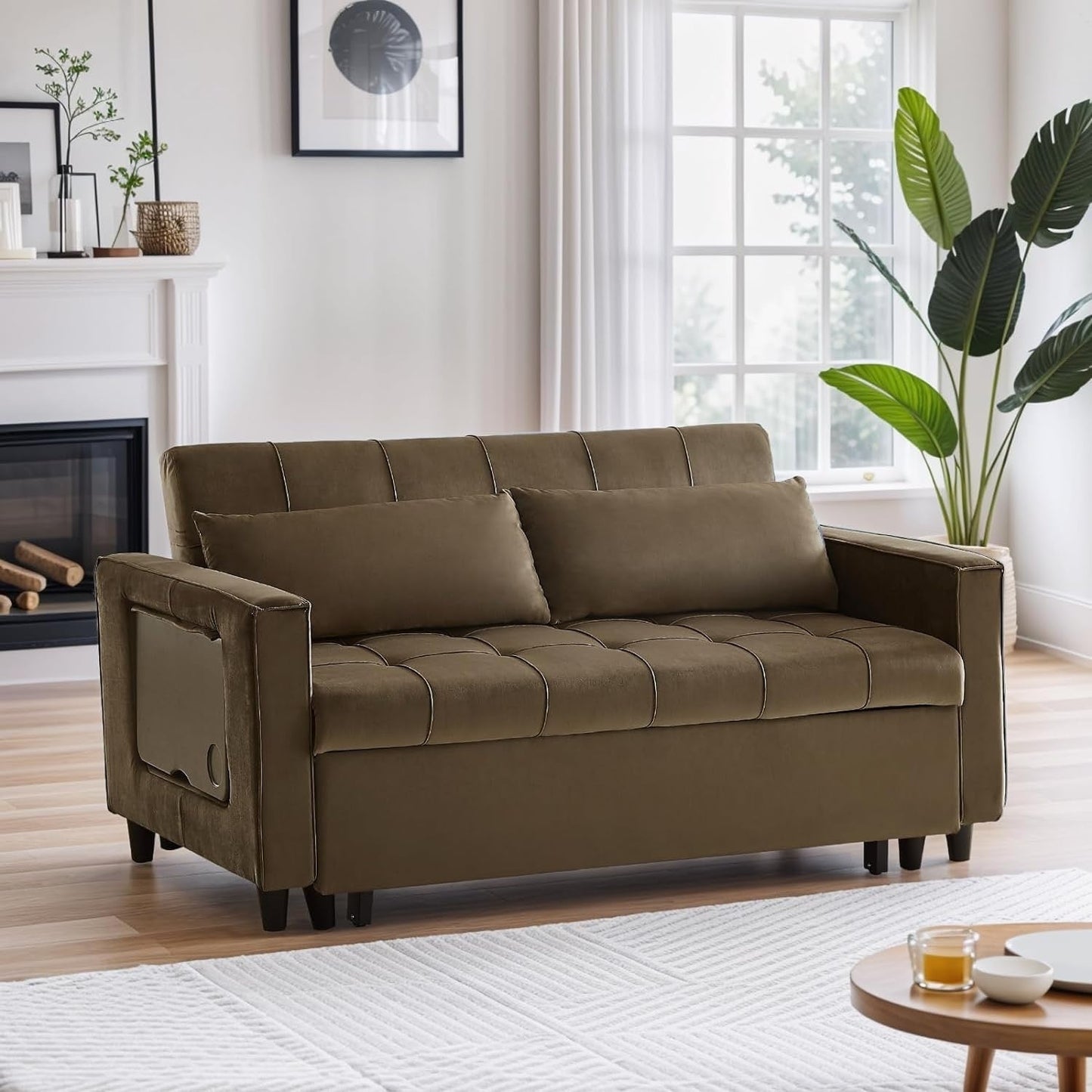 Divano trasformabile in velluto da 55 pollici, divano futon 3 in 1 con letto estraibile/tavolino laterale con schienale regolabile/2 cuscini lombari