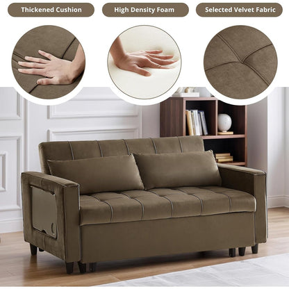 Divano trasformabile in velluto da 55 pollici, divano futon 3 in 1 con letto estraibile/tavolino laterale con schienale regolabile/2 cuscini lombari