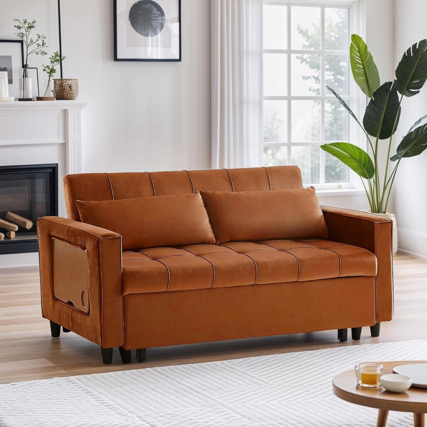 Divano trasformabile in velluto da 55 pollici, divano futon 3 in 1 con letto estraibile/tavolino laterale con schienale regolabile/2 cuscini lombari