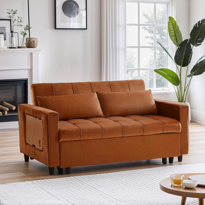 Divano trasformabile in velluto da 55 pollici, divano futon 3 in 1 con letto estraibile/tavolino laterale con schienale regolabile/2 cuscini lombari