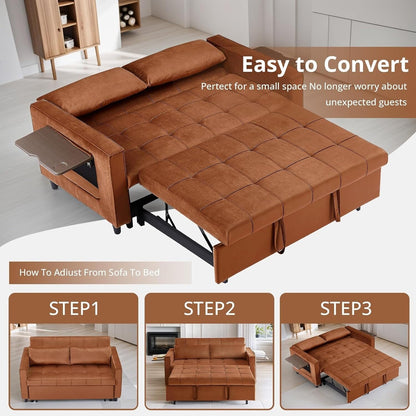 Divano trasformabile in velluto da 55 pollici, divano futon 3 in 1 con letto estraibile/tavolino laterale con schienale regolabile/2 cuscini lombari