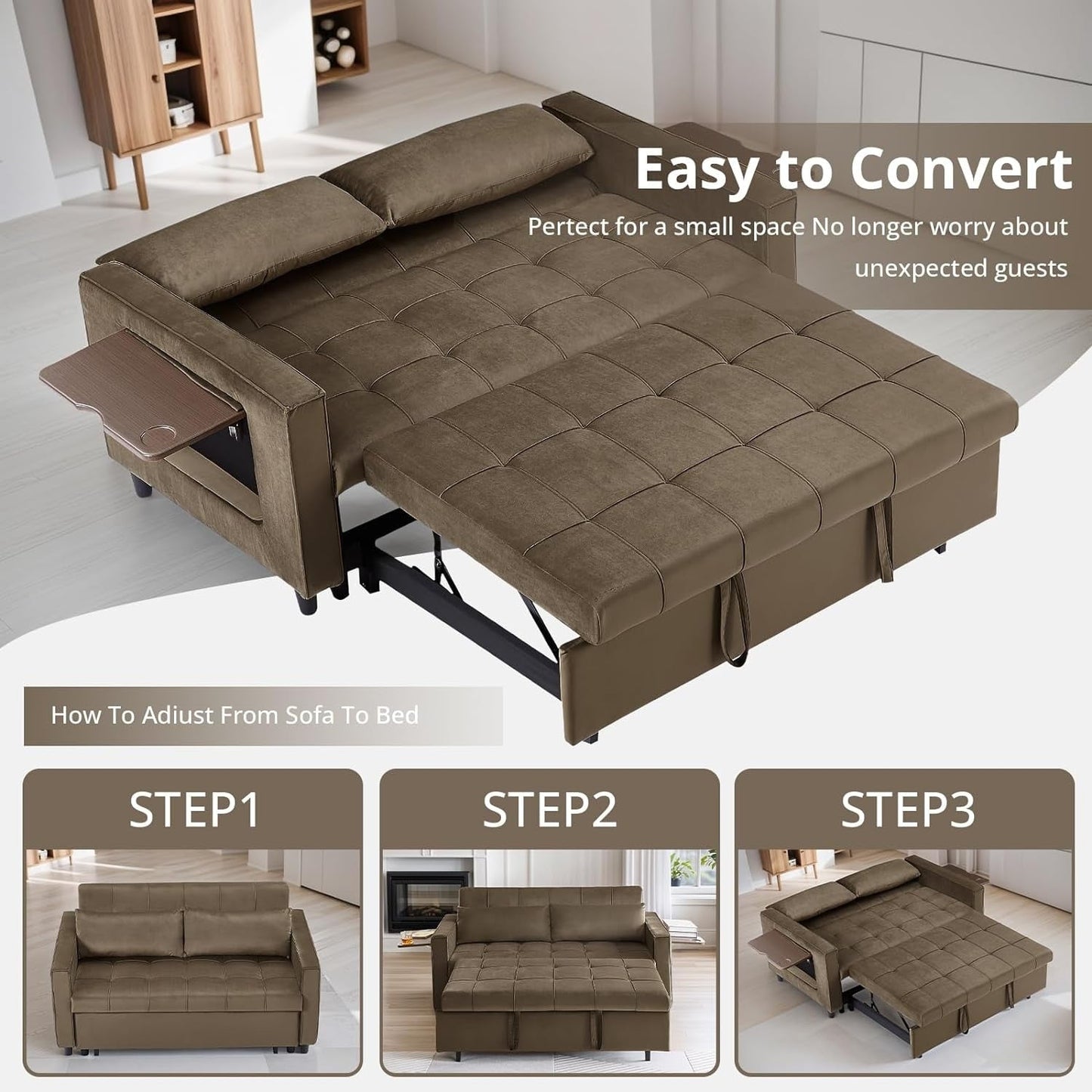 Divano trasformabile in velluto da 55 pollici, divano futon 3 in 1 con letto estraibile/tavolino laterale con schienale regolabile/2 cuscini lombari