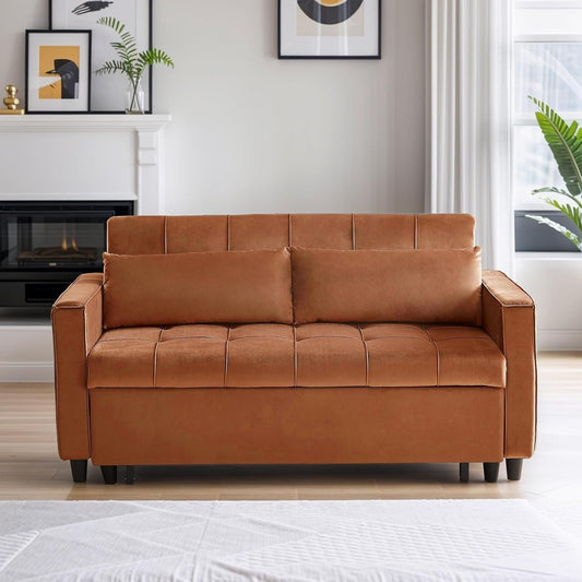 Divano trasformabile in velluto da 55 pollici, divano futon 3 in 1 con letto estraibile/tavolino laterale con schienale regolabile/2 cuscini lombari