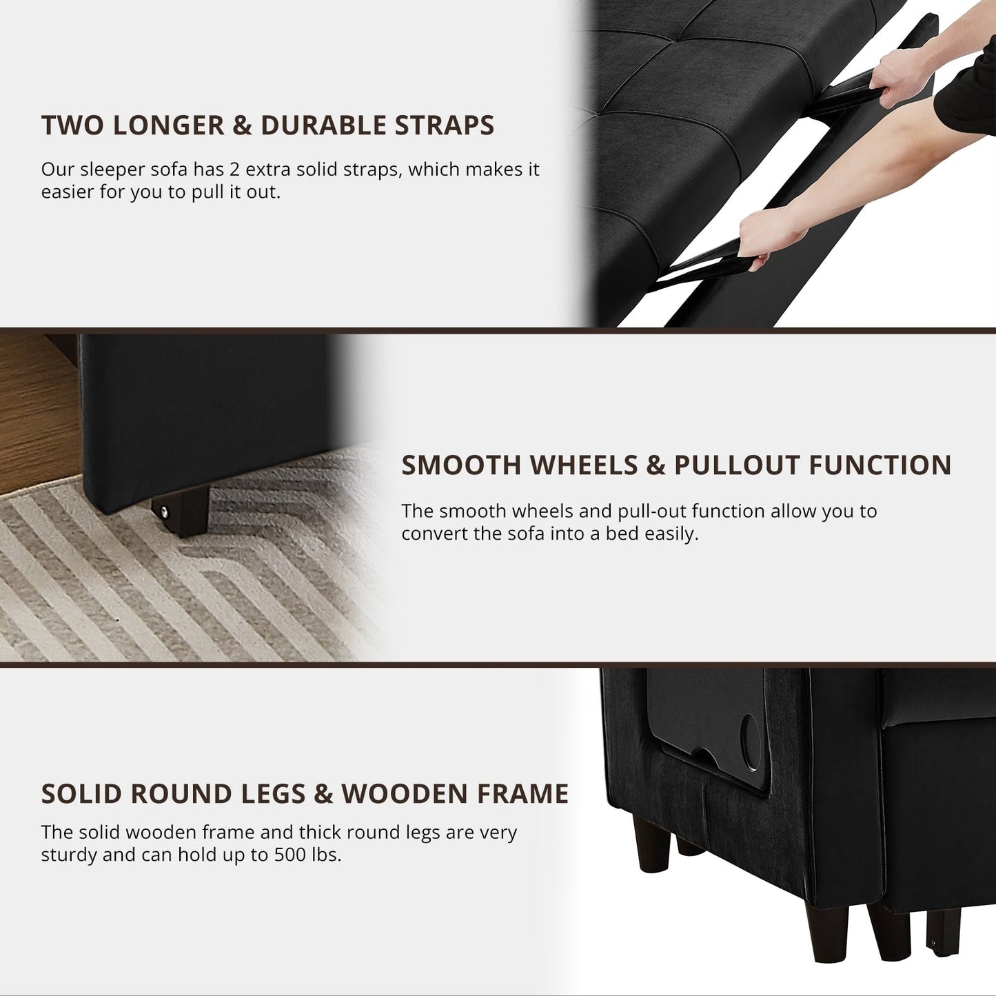 Divano trasformabile in velluto da 55 pollici, divano futon 3 in 1 con letto estraibile/tavolino laterale con schienale regolabile/2 cuscini lombari