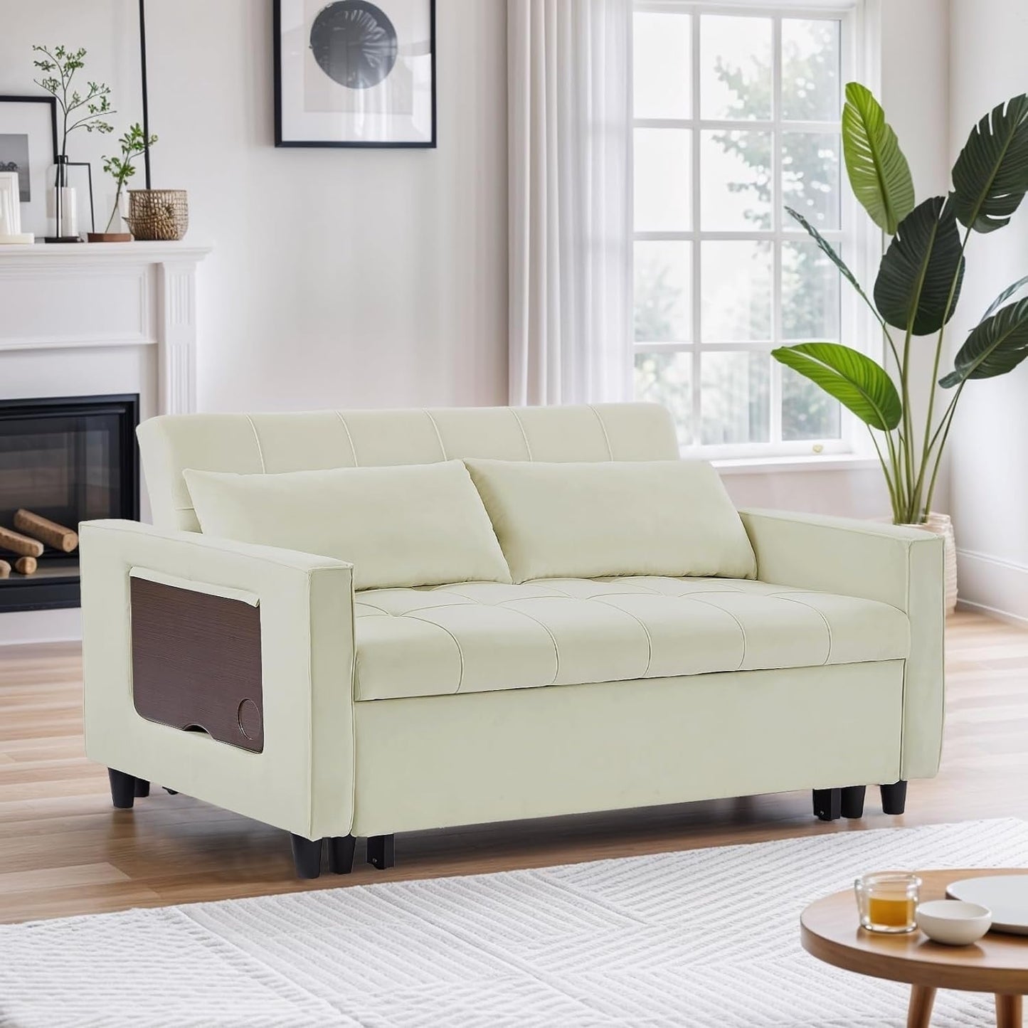 Divano trasformabile in velluto da 55 pollici, divano futon 3 in 1 con letto estraibile/tavolino laterale con schienale regolabile/2 cuscini lombari