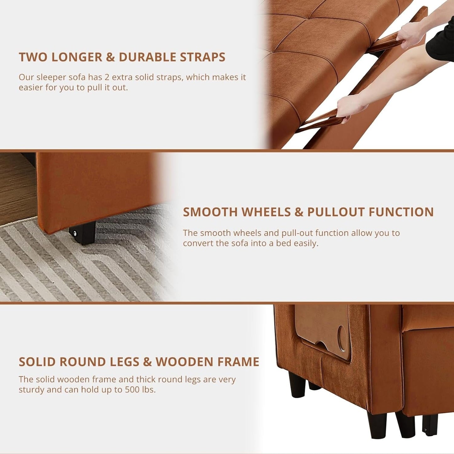 Divano trasformabile in velluto da 55 pollici, divano futon 3 in 1 con letto estraibile/tavolino laterale con schienale regolabile/2 cuscini lombari