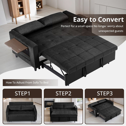 Divano trasformabile in velluto da 55 pollici, divano futon 3 in 1 con letto estraibile/tavolino laterale con schienale regolabile/2 cuscini lombari