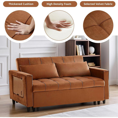 Divano trasformabile in velluto da 55 pollici, divano futon 3 in 1 con letto estraibile/tavolino laterale con schienale regolabile/2 cuscini lombari