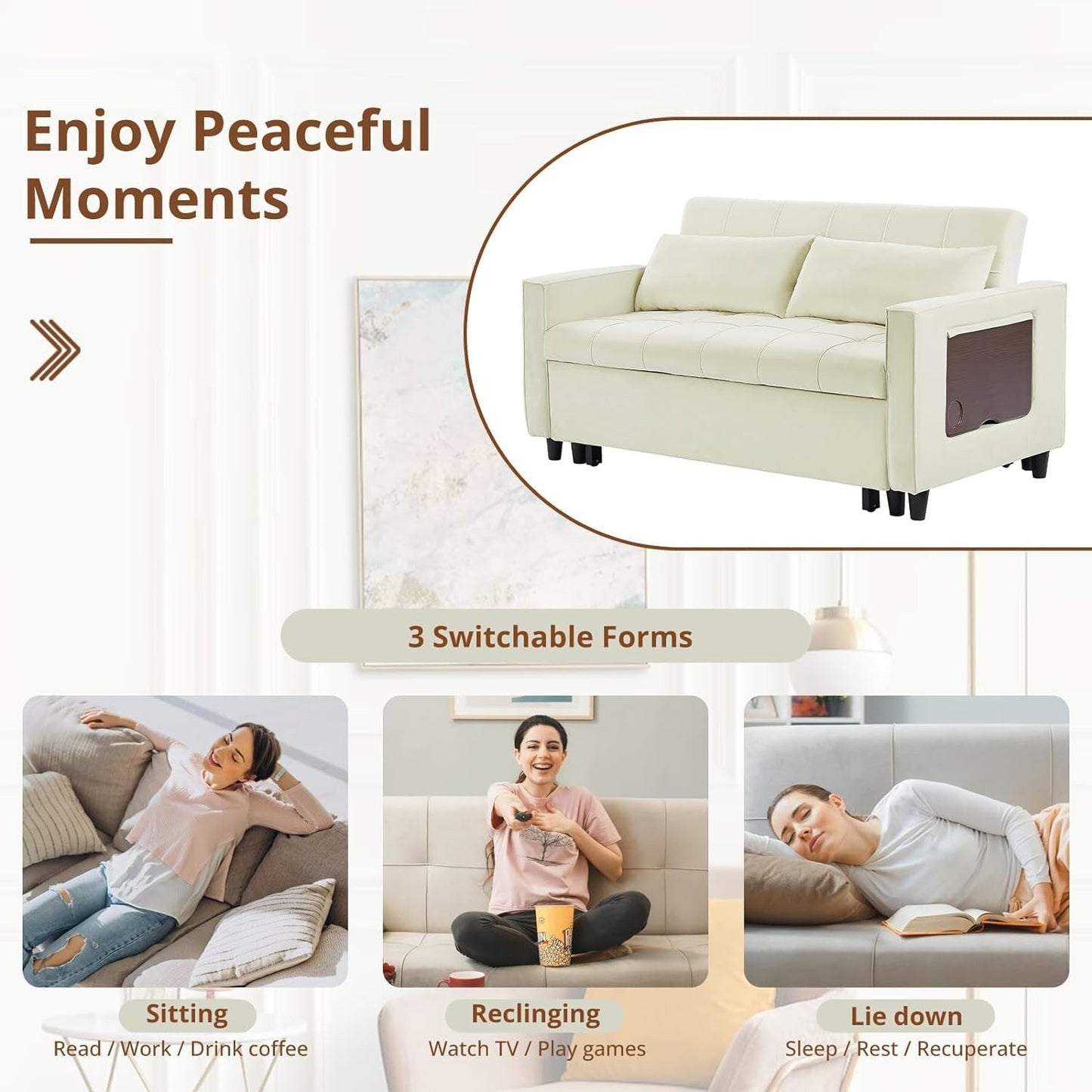 Divano trasformabile in velluto da 55 pollici, divano futon 3 in 1 con letto estraibile/tavolino laterale con schienale regolabile/2 cuscini lombari