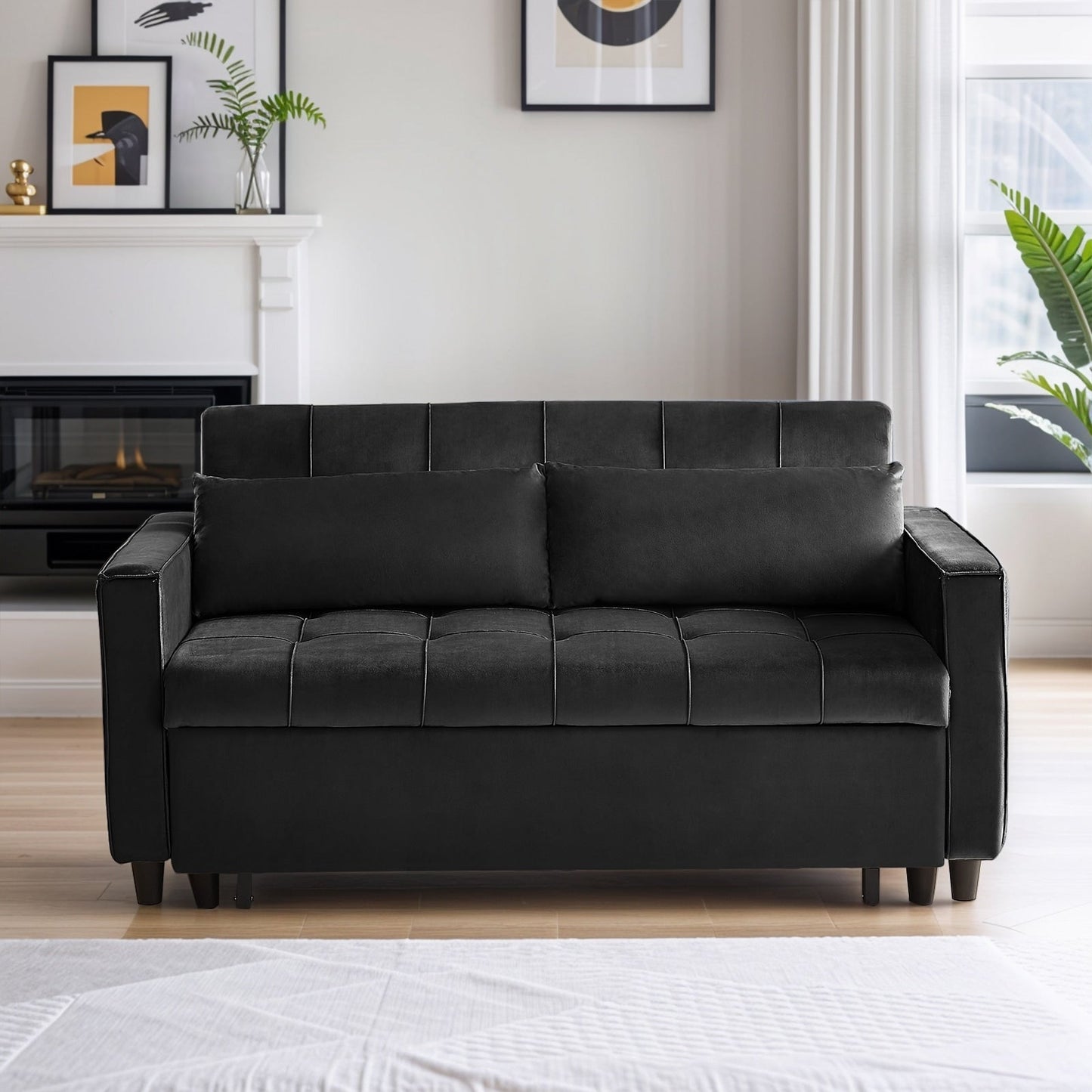 Divano trasformabile in velluto da 55 pollici, divano futon 3 in 1 con letto estraibile/tavolino laterale con schienale regolabile/2 cuscini lombari