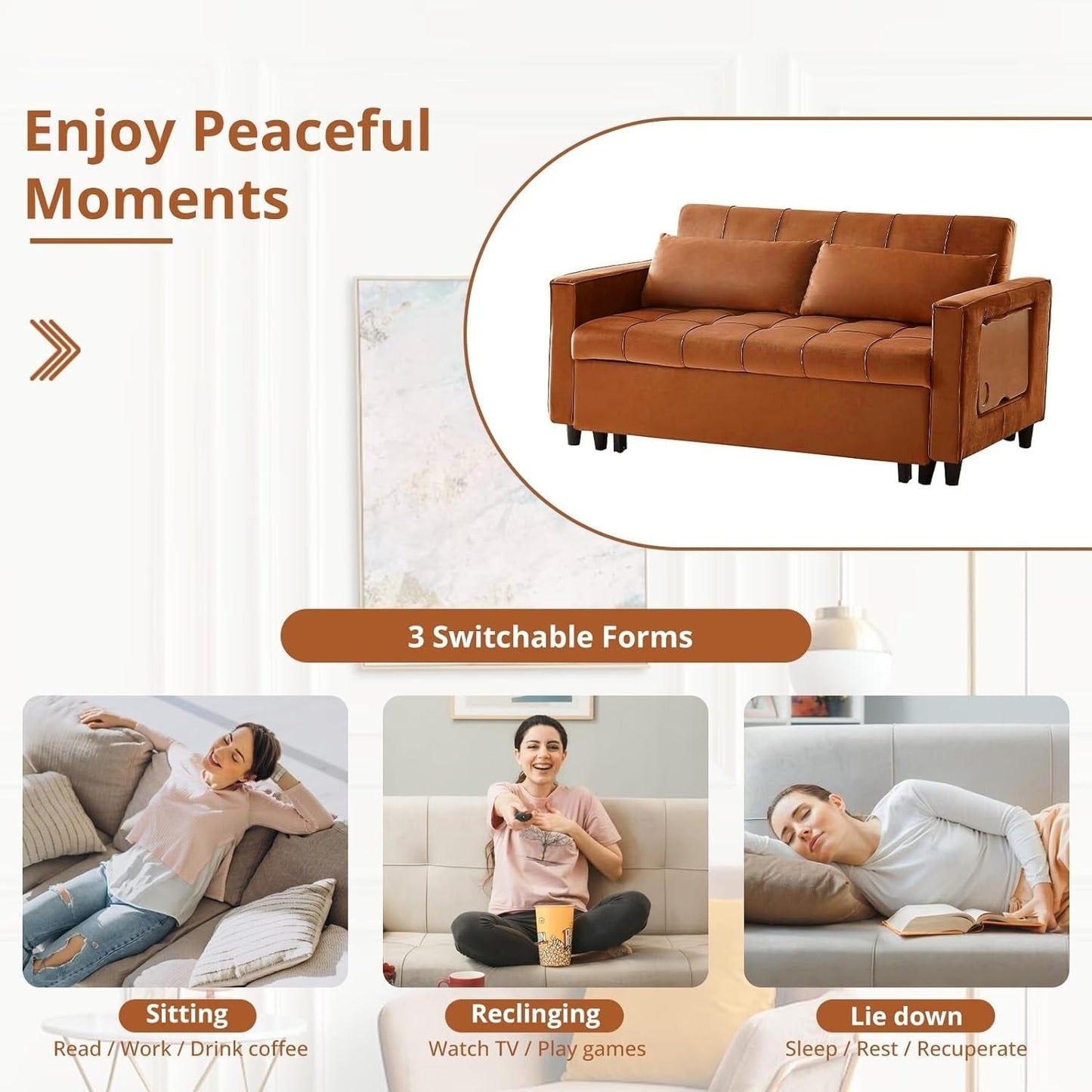 Divano trasformabile in velluto da 55 pollici, divano futon 3 in 1 con letto estraibile/tavolino laterale con schienale regolabile/2 cuscini lombari