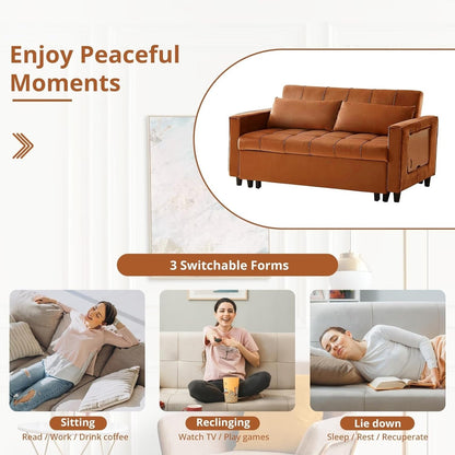 Divano trasformabile in velluto da 55 pollici, divano futon 3 in 1 con letto estraibile/tavolino laterale con schienale regolabile/2 cuscini lombari