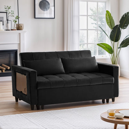 Divano trasformabile in velluto da 55 pollici, divano futon 3 in 1 con letto estraibile/tavolino laterale con schienale regolabile/2 cuscini lombari