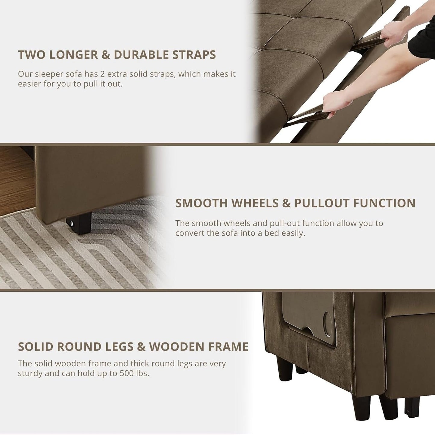 Divano trasformabile in velluto da 55 pollici, divano futon 3 in 1 con letto estraibile/tavolino laterale con schienale regolabile/2 cuscini lombari