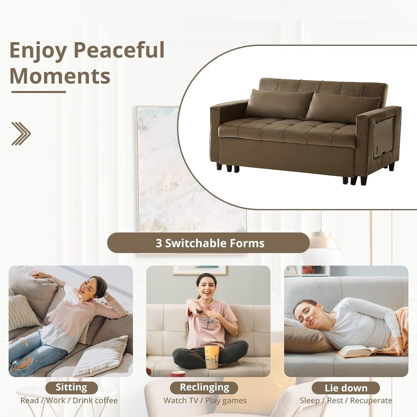 Divano trasformabile in velluto da 55 pollici, divano futon 3 in 1 con letto estraibile/tavolino laterale con schienale regolabile/2 cuscini lombari