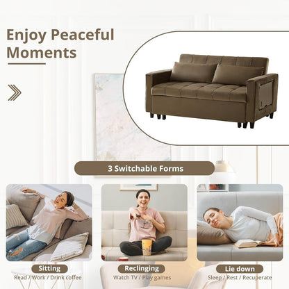 Divano trasformabile in velluto da 55 pollici, divano futon 3 in 1 con letto estraibile/tavolino laterale con schienale regolabile/2 cuscini lombari