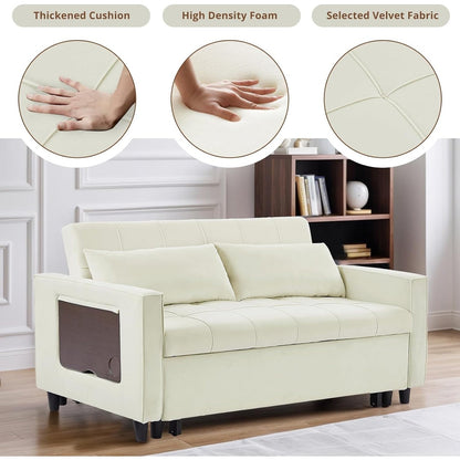 Divano trasformabile in velluto da 55 pollici, divano futon 3 in 1 con letto estraibile/tavolino laterale con schienale regolabile/2 cuscini lombari