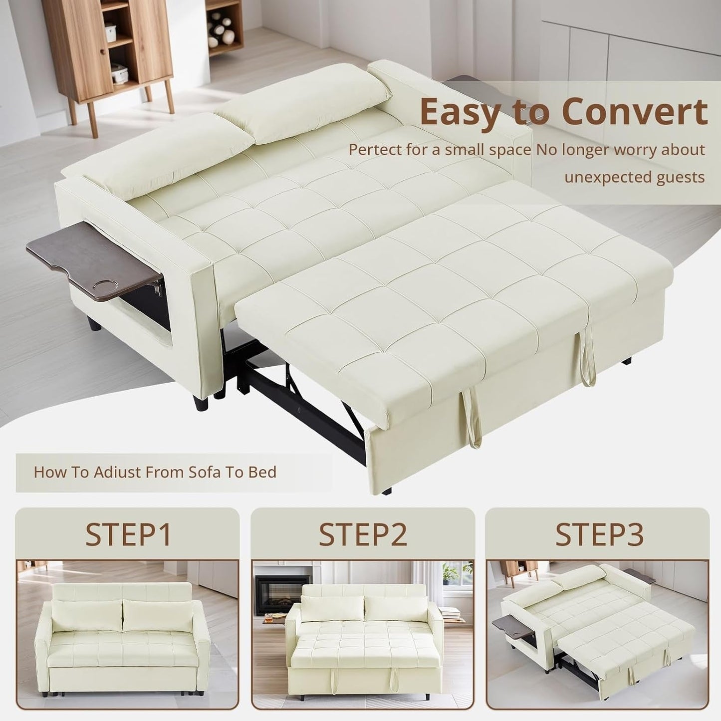 Divano trasformabile in velluto da 55 pollici, divano futon 3 in 1 con letto estraibile/tavolino laterale con schienale regolabile/2 cuscini lombari