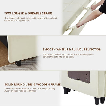 Divano trasformabile in velluto da 55 pollici, divano futon 3 in 1 con letto estraibile/tavolino laterale con schienale regolabile/2 cuscini lombari