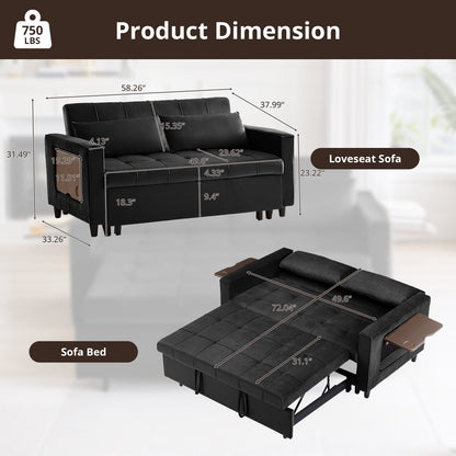 Divano trasformabile in velluto da 55 pollici, divano futon 3 in 1 con letto estraibile/tavolino laterale con schienale regolabile/2 cuscini lombari