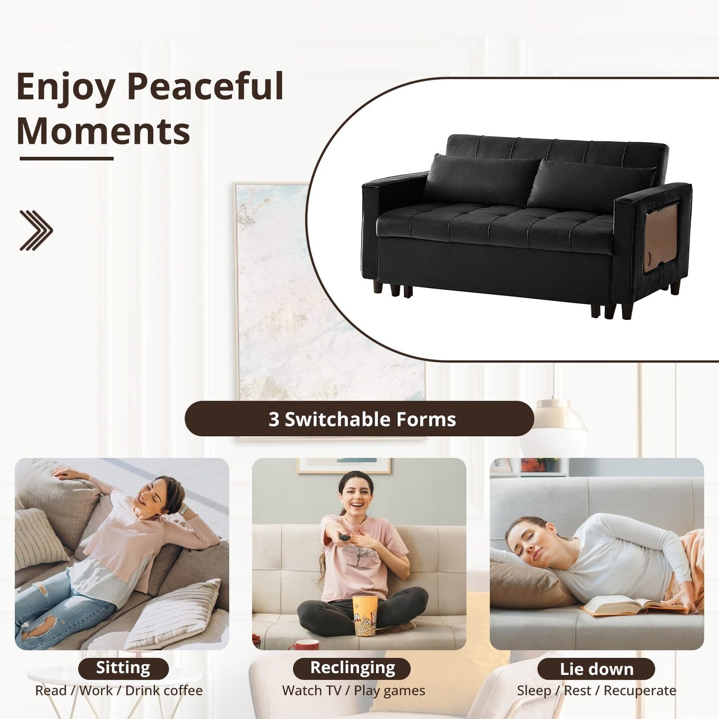 Divano trasformabile in velluto da 55 pollici, divano futon 3 in 1 con letto estraibile/tavolino laterale con schienale regolabile/2 cuscini lombari