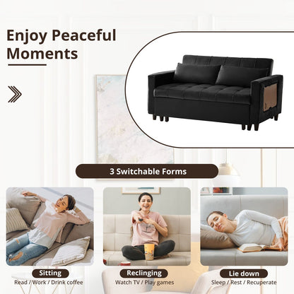 Divano trasformabile in velluto da 55 pollici, divano futon 3 in 1 con letto estraibile/tavolino laterale con schienale regolabile/2 cuscini lombari