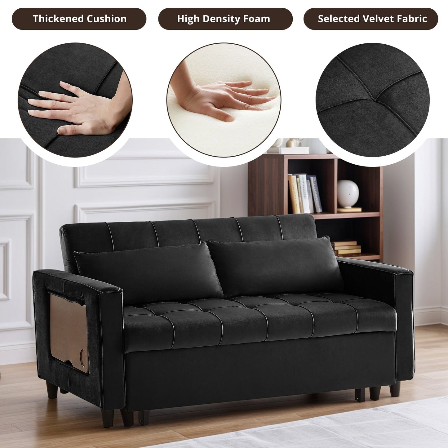 Divano trasformabile in velluto da 55 pollici, divano futon 3 in 1 con letto estraibile/tavolino laterale con schienale regolabile/2 cuscini lombari