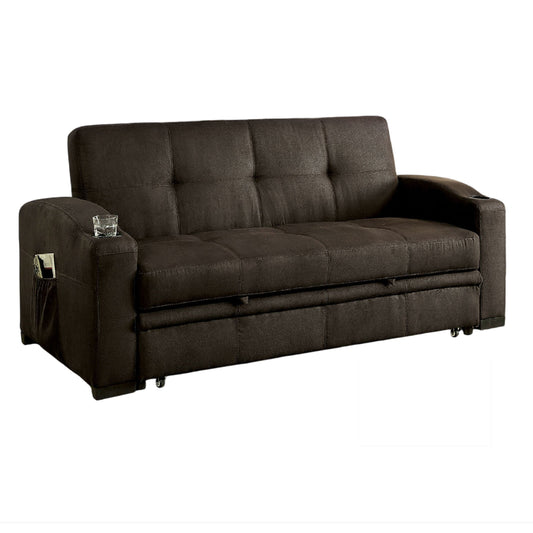 Divano futon, rivestimento in tessuto marrone, base estraibile, trapuntatura a bottoni