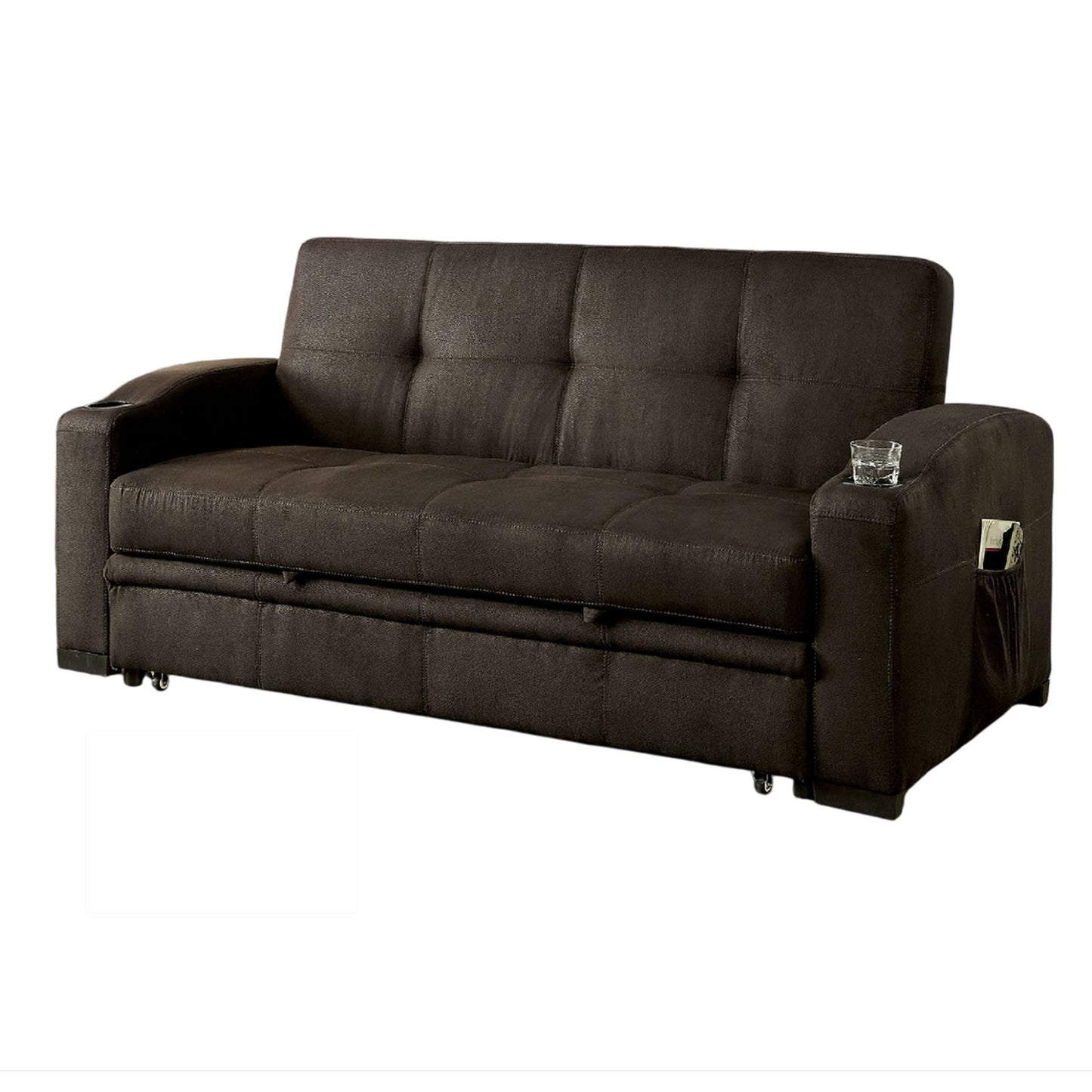 Divano futon, rivestimento in tessuto marrone, base estraibile, trapuntatura a bottoni