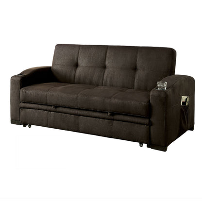 Divano futon, rivestimento in tessuto marrone, base estraibile, trapuntatura a bottoni