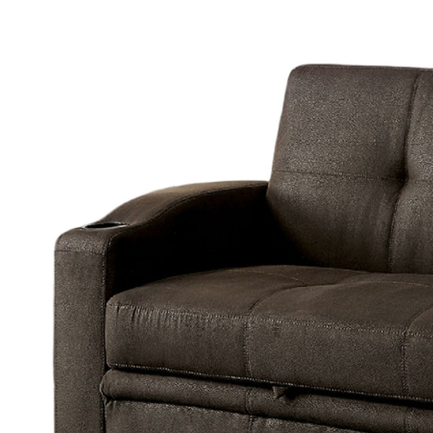 Divano futon, rivestimento in tessuto marrone, base estraibile, trapuntatura a bottoni