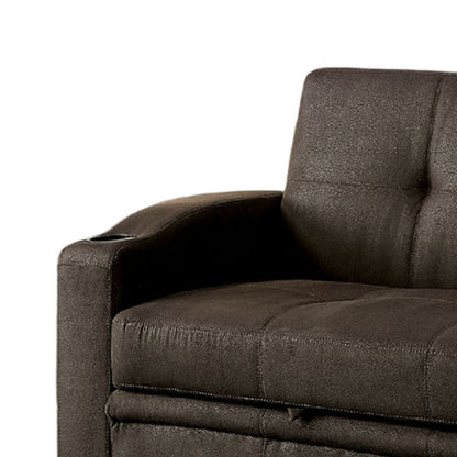 Divano futon, rivestimento in tessuto marrone, base estraibile, trapuntatura a bottoni
