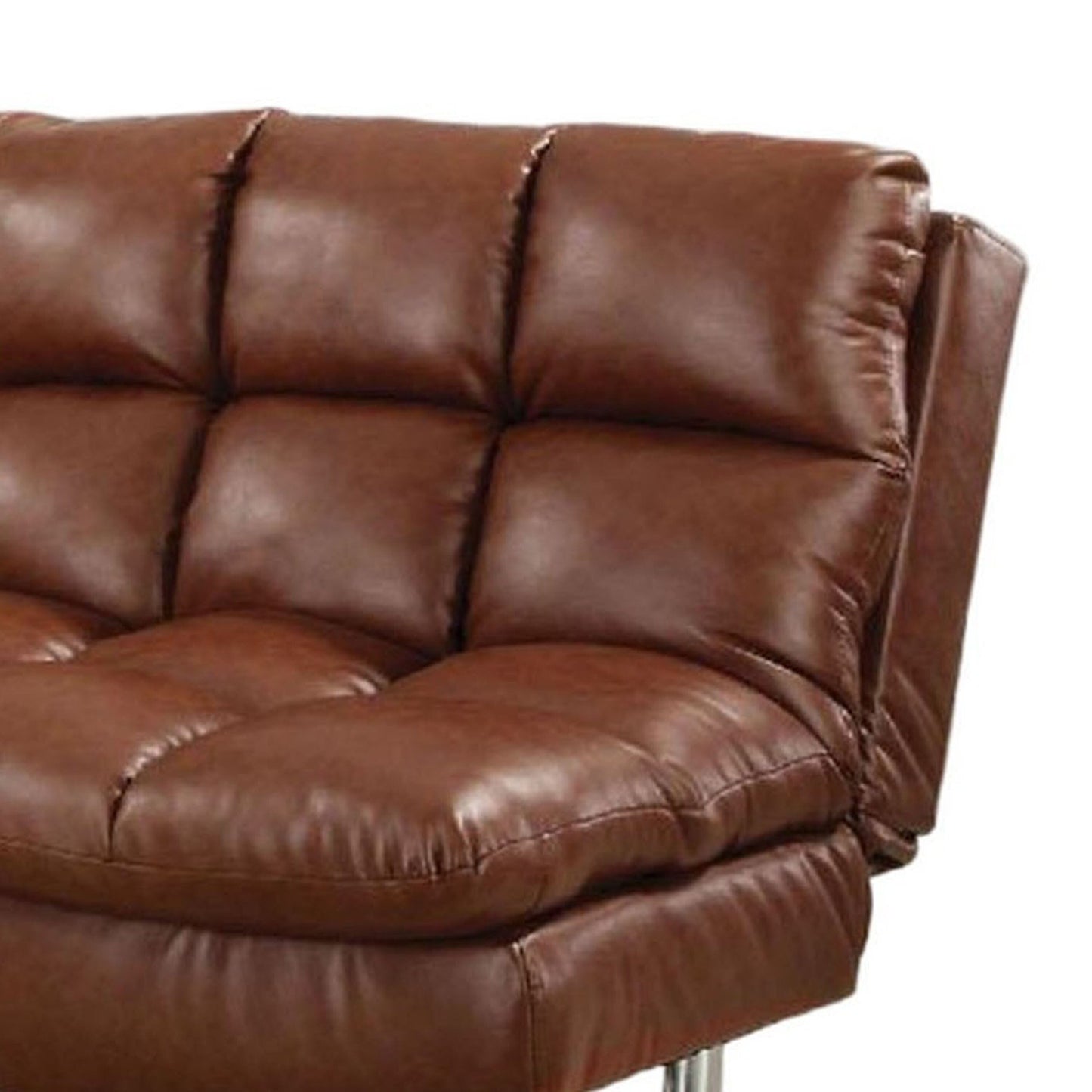 Divano futon, rivestimento in similpelle marrone con lavorazione capitonné, gambe cromate